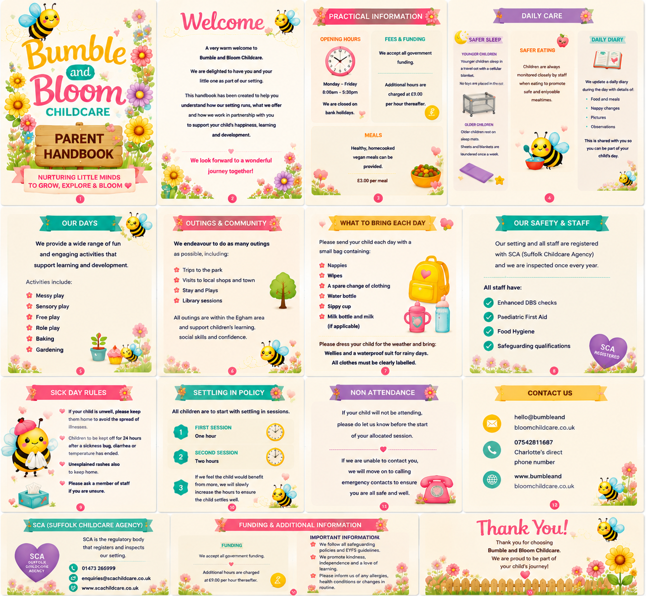 Bumble & Bloom Parent Handbook — welcome, practical information, daily care, settling in, funding and contact details