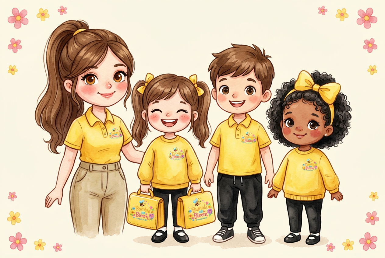 Charlotte and three cartoon children wearing the Bumble & Bloom sunshine yellow uniform