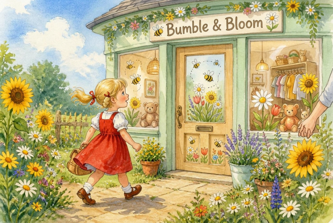 Poppy walking up to the cheerful Bumble & Bloom shop front door holding Mummy's hand on her first day
