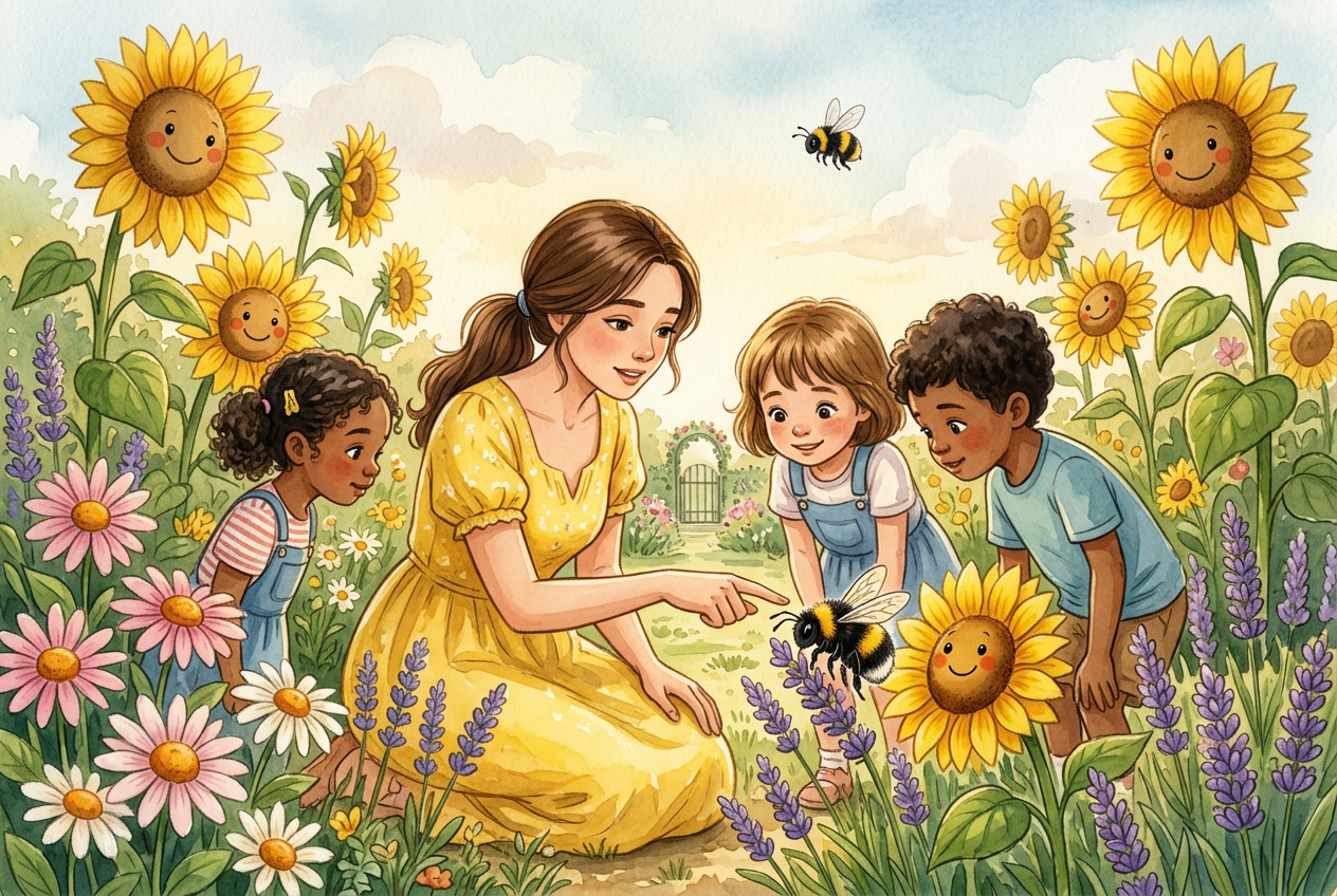 Charlotte kneeling in a yellow dress with straight brown hair tied back, showing children a friendly bumblebee on a sunflower