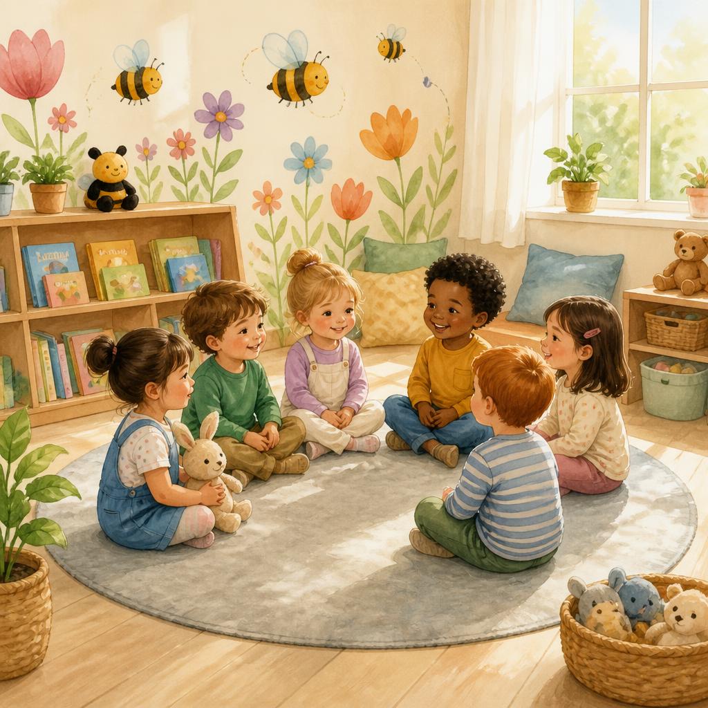 The cozy Bumble & Bloom childcare setting with wooden floors, a light grey rug, walls decorated with bees and flowers, and a bookshelf full of colourful stories