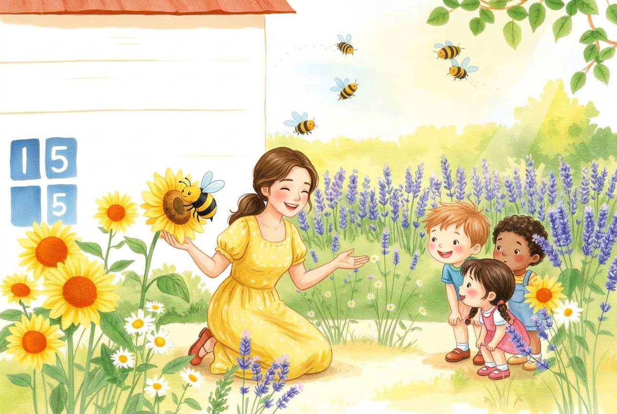 Charlotte kneeling outdoors on daily outings with straight brown hair tied back and a yellow dress, showing children the flowers and bees