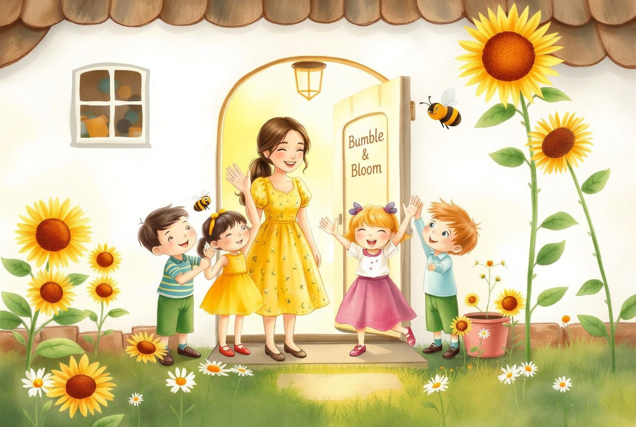 Charlotte in a yellow dress with straight brown hair tied back, waving goodbye with the children at the door in golden afternoon light
