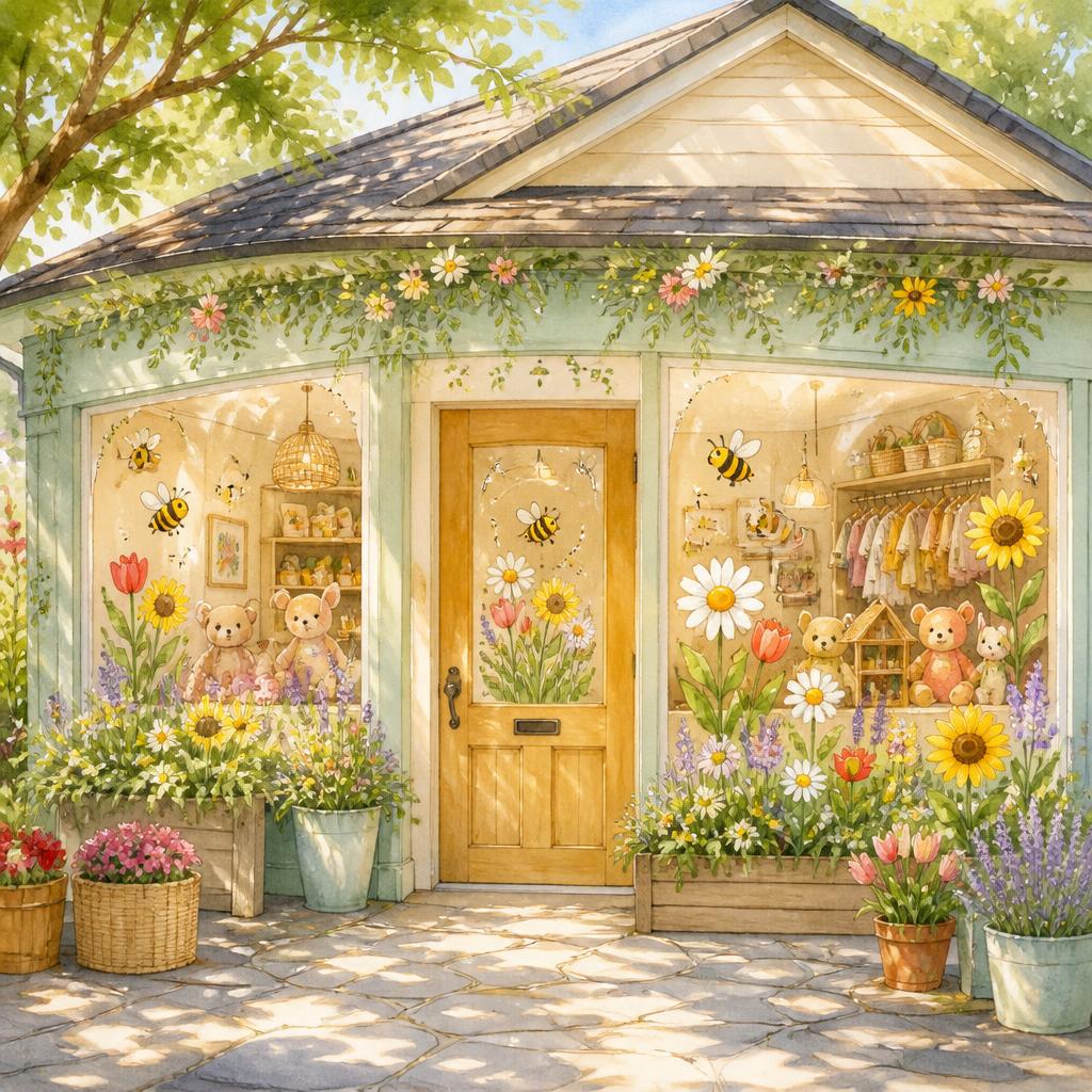 The cheerful shop front of Bumble & Bloom with large windows, painted flowers and friendly bees on the glass
