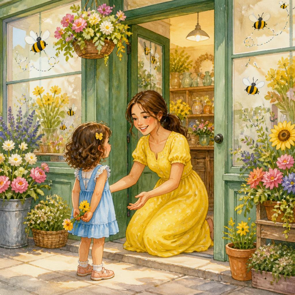 Charlotte in a yellow dress with straight brown hair tied back, kneeling at the Bumble & Bloom shopfront to greet a small child