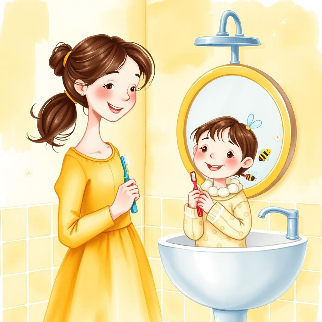 Charlotte in a yellow dress and a smiling little girl in pyjamas at the bathroom mirror, both holding toothbrushes